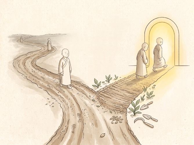 A line drawing of a fork in a path: one branch worn smooth, one newly cleared; a figure stands at the fork, and two more wait at a lit doorway further along the cleared branch