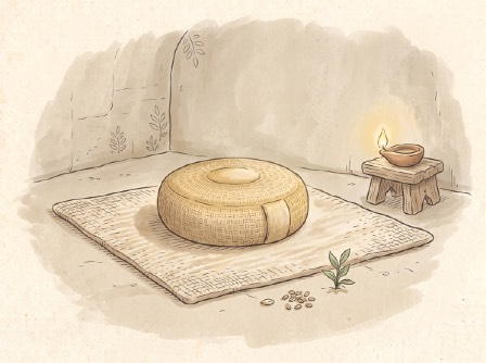 A watercolour of a round meditation cushion on a woven mat in a quiet room, with an oil lamp on a low stool and a small seedling and a few seeds on the floor beside the mat