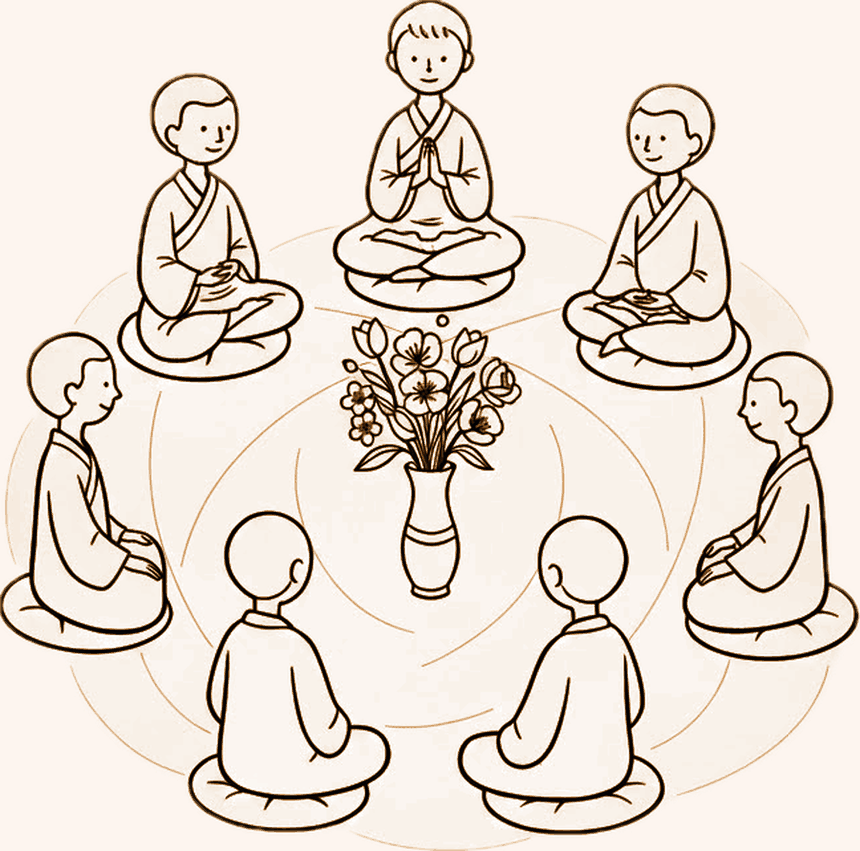 A line drawing of eight people sitting in meditation in a circle around a vase of flowers, faint rings spreading outward between them