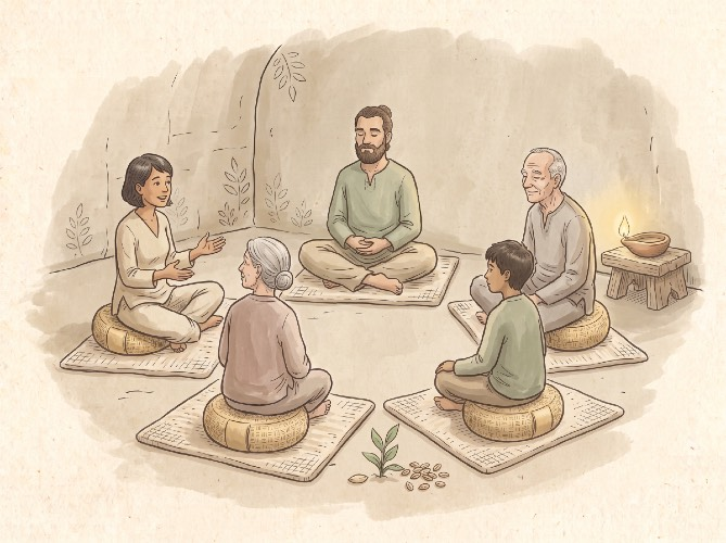 A watercolour of six people of different ages sitting on cushions in a circle, one of them speaking with open hands; a seedling and scattered seeds lie in the middle of the circle
